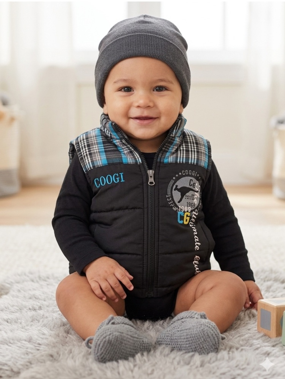 COOGI Black and Blue Quilted Vest with Plaid Accents